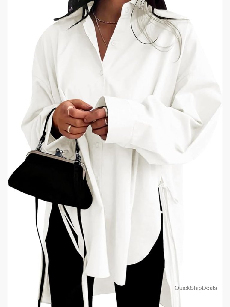 Oversized Button Down Shirt Dress 100% Cotton Drop Shoulder Long Sleeve